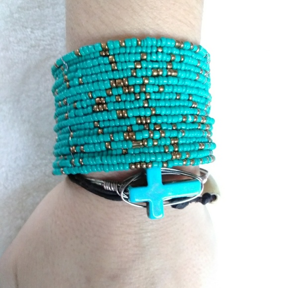 Unique Boho Beaded Bangle Bracelet statement cuff bracelet turquoise color 🤍 - Picture 3 of 5